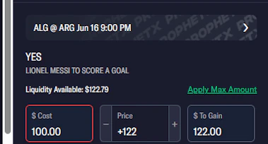 Image of a trading slip on ProphetX featuring Lionel Messi.&nbsp;