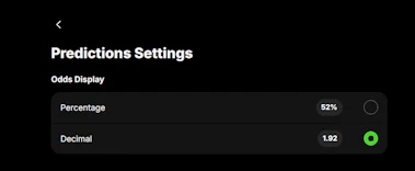 Image of the predictions settings tab on DraftKings Predictions.