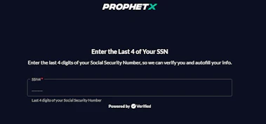 Image of the sign-up screen on ProphetX and the SSN identification process.
