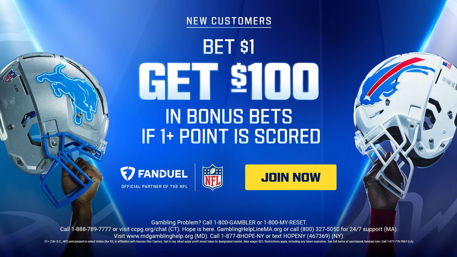 FanDuel bet $1, get $100 in bonus bets if 1+ point is scored - Bills vs. Lions