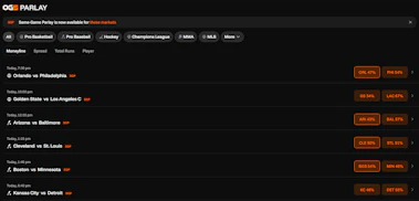 Screenshot of an OG.com parlay and more same-game parlay options.