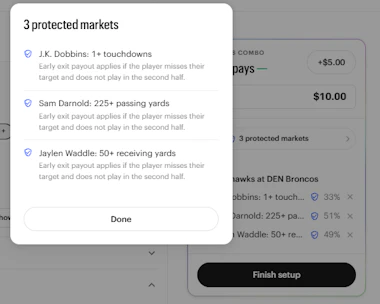 Image of Kalshi combo protection on a three-way combo trade for NFL.