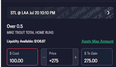 Image of a trading slip on ProphetX featuring Mike Trout.&nbsp;
