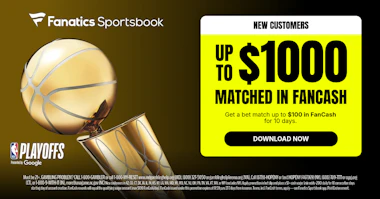 An image of the Fanatics promo code offer for new customers, for up to $1,000 in FanCash. Backdrop is an image of the NBA playoffs logo and the championship trophy.