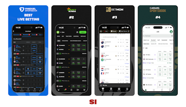 A side-by-side comparison of sports betting app live betting sections for FanDuel, DraftKings, BetMGM, and Caesars Sportsbook.