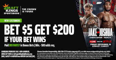 DraftKings promo code offer for new customers: Bet $5 and get $200 in bonus bets if your bet wins for Jake Paul vs. Anthony Joshua on Friday, Dec. 19, 2025.