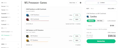 Image of Kalshi game markets for NFL preseason.